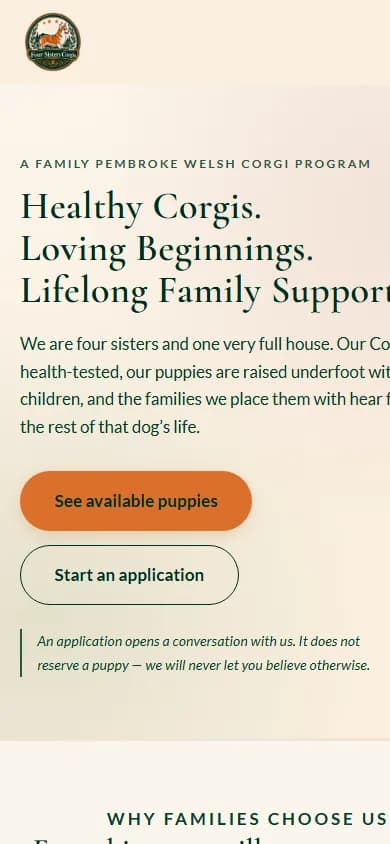 Four Sisters Corgis home page on a phone