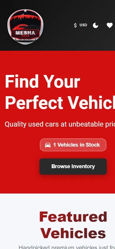 Mesha Auto home page on a phone