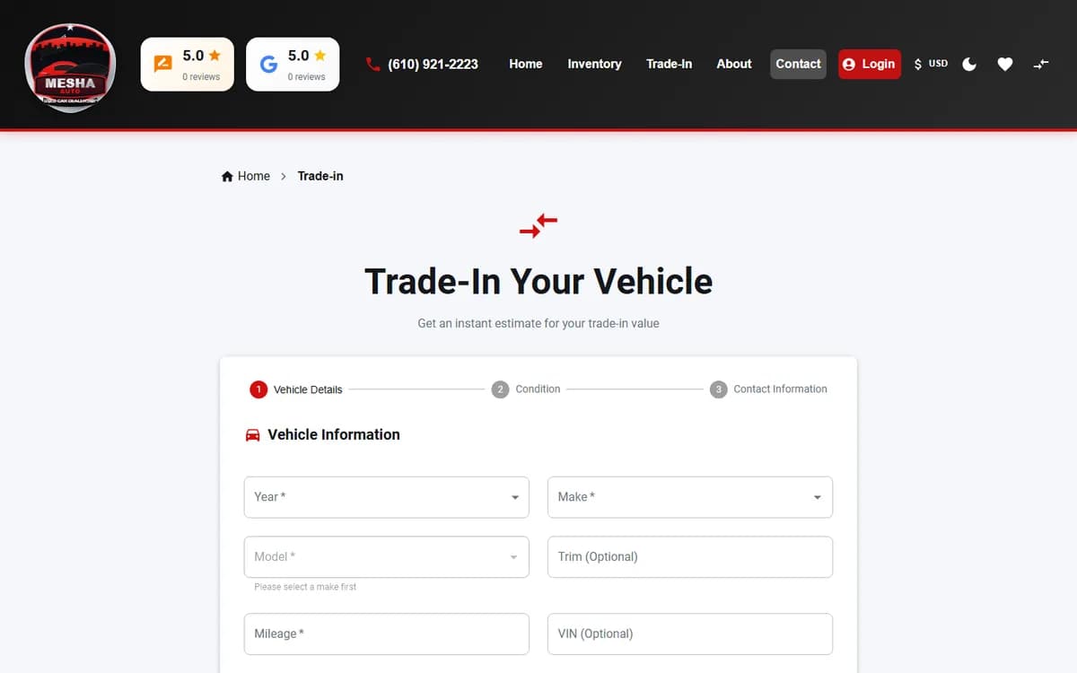 Mesha Auto trade-in form